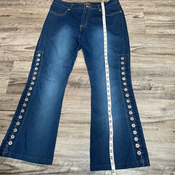 Laser Jeans Y2K Women’s Size 13 Jr. Blue Denim Jeans Bootcut Flare Side Buttons - Picture 5 of 8